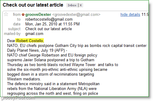 Snimka zaslona programa Outlook 2010 - primjer personalizirane masovne e-pošte