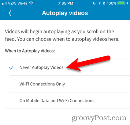 Dodirnite Never Autoplay Videos u LinkedInu