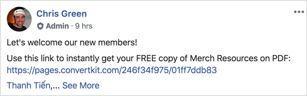 Ovaj post na Facebook grupi pozdravlja nove članove i podsjeća ih da preuzmu besplatni PDF.