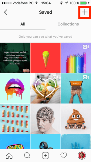 Dodirnite znak + u gornjem desnom dijelu zaslona Instagram Saved.
