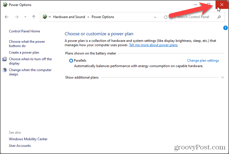 Zatvorite zaslon Mogućnosti napajanja na upravljačkoj ploči u sustavu Windows 11