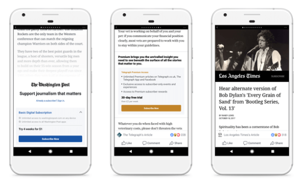 Facebook testira modele platnog zida i pretplate za Instant Članke s malom grupom izdavača diljem SAD-a i Europe.