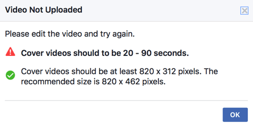 Ako vaš naslovni videozapis već ne zadovoljava Facebook-ove tehničke standarde, nećete ga moći prenijeti izravno kao naslovni videozapis vaše stranice.