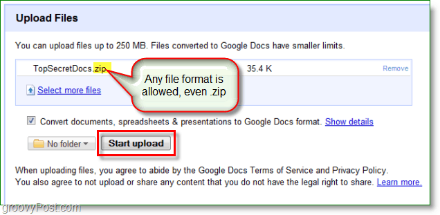 Snimka zaslona Google Dokumenata - prenesen zip