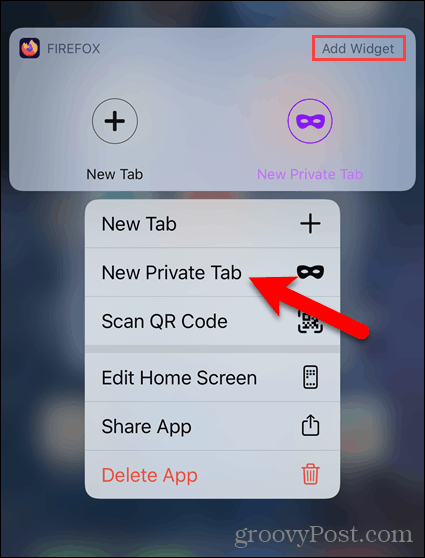Dugo pritisnite ikonu Firefoxa i odaberite Nova privatna kartica na iOS-u