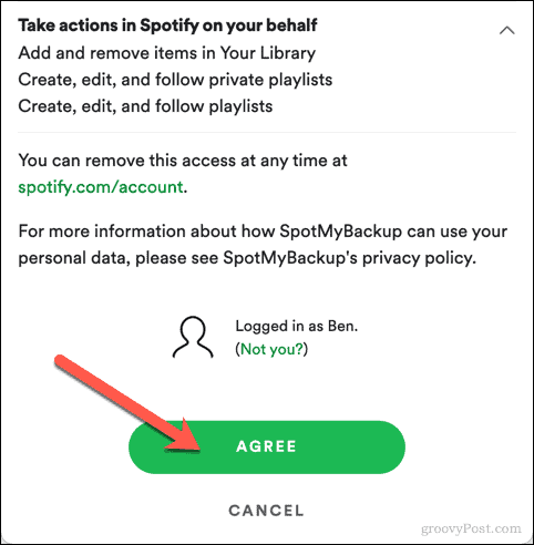 Odobravanje pristupa SpotiMyBackupu Spotifyu