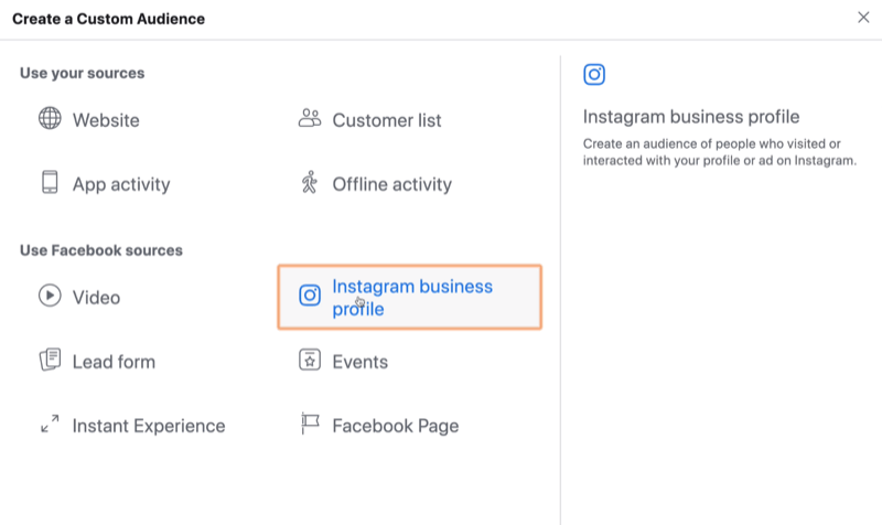 odaberite Instagram Business kao izvor za prilagođenu Facebook publiku