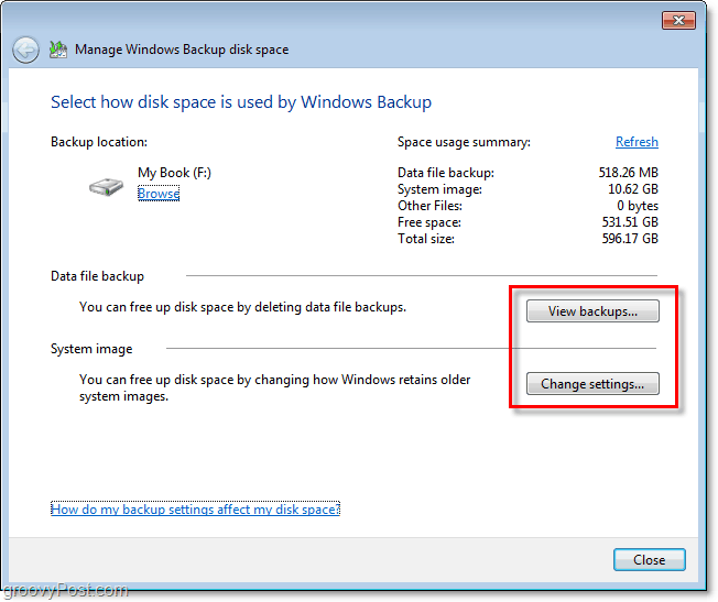 Sigurnosna kopija sustava Windows 7 - pogledajte sigurnosne kopije ili promijenite postavke da biste prilagodili veličinu