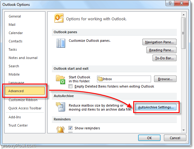 Napredno> Postavke automatskog arhiviranja u programu Outlook 2010