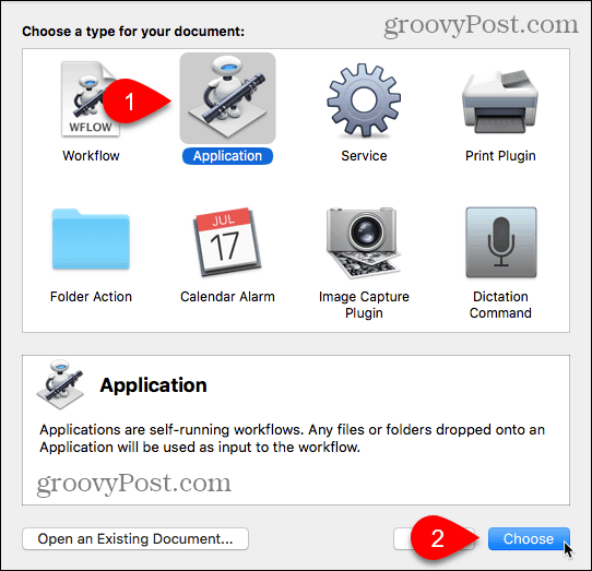 Odaberite vrstu aplikacije u programu Automator za Mac
