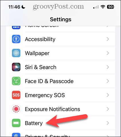 Dodirnite Baterija na zaslonu postavki iPhonea