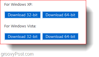 32-bitna i 64-bitna preuzimanja za Windows XP i Windows Vista