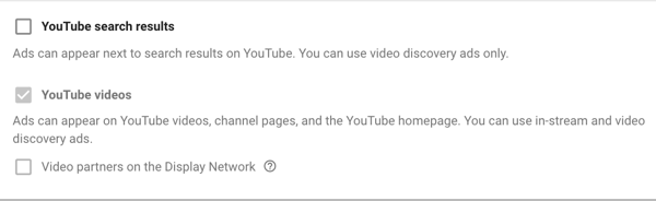 Kako postaviti YouTube oglasnu kampanju, korak 11, postavite opcije mrežnog prikaza