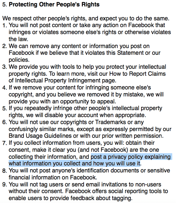 Uvjeti za Facebook koji navode zahtjev politike privatnosti.
