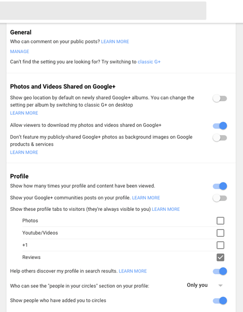 nove postavke profila za Google plus