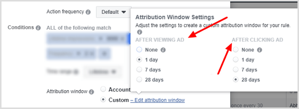 Opcije postavki prozora pripisivanja prilikom postavljanja uvjeta za pravilo Facebooka