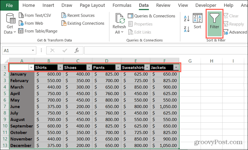 Omogućite filtre u programu Excel