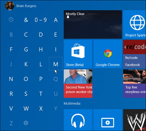 aplikacije s prvim slovom Windows 10 Start