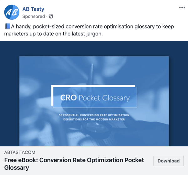 Facebook tehnike oglašavanja koje donose rezultate, primjer tvrtke AB Tasty koja nudi besplatan sadržaj
