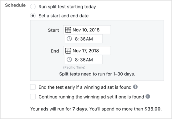 Odaberite opciju Postavi datum početka i završetka za Facebook split test.