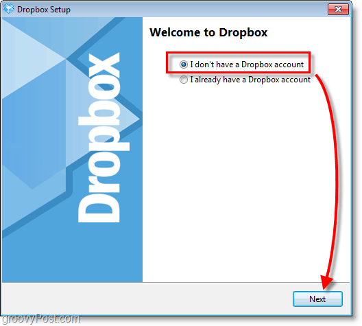 Snimka zaslona Dropbox - odaberite otvaranje novog računa