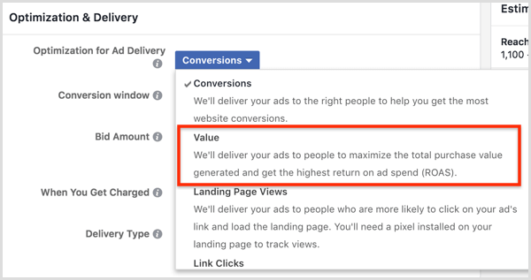 Odaberite opciju Vrijednost s padajućeg popisa Optimizacija za isporuku oglasa.