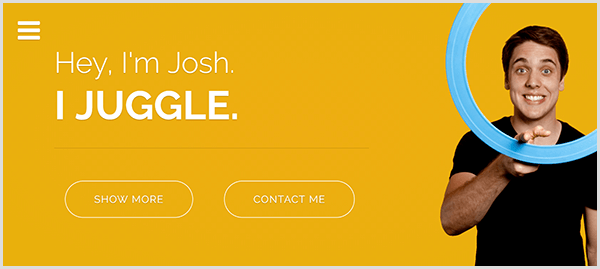 Web stranica Josha Hortona za žongliranje ima žutu podlogu, fotografiju Josha kako se smiješi i vrti svijetloplavi prsten za žongliranje oko kažiprsta i bijeli tekst koji kaže "Hej, ja sam Josh". Žongliram.