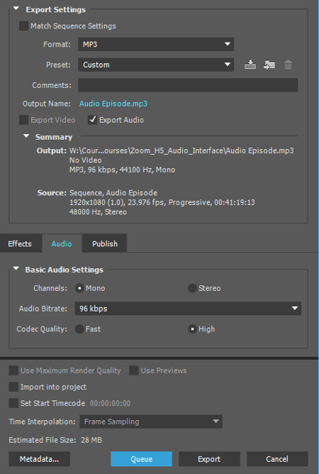 Izvezite svoj audio kao MP3 datoteku u Adobe Premiere.