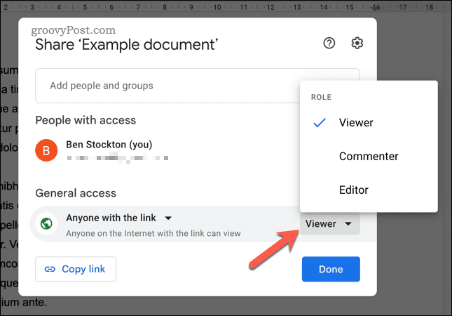 Postavite opcije dijeljenja veze u Google dokumentima