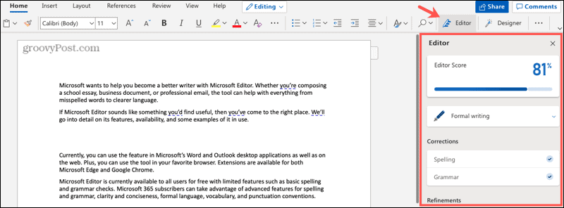 Microsoft Editor u programu Word na webu