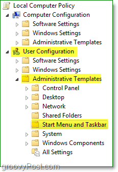 u prozoru pravila lokalne grupe Windows 7 potražite korisničku konfiguraciju, administrativne predloške, a zatim startni izbornik i programsku traku