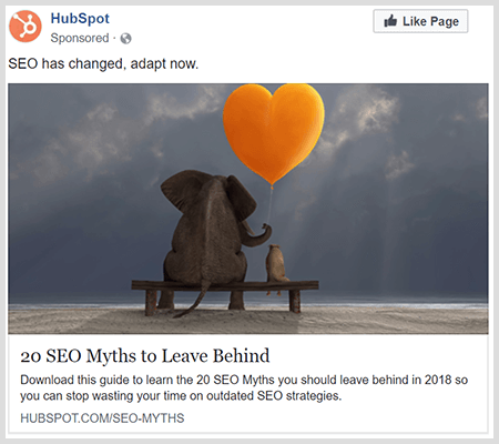 Oglasi za brendiranje dijele koristan sadržaj poput ovog oglasa HubSpot-a oko 20 SEO mitova koje treba ostaviti iza sebe.