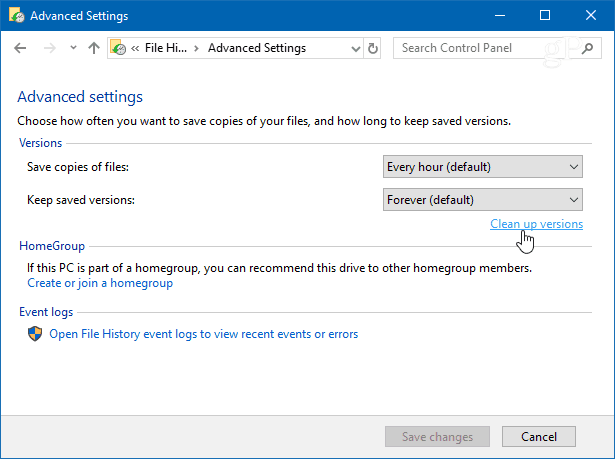 Očistite verzije datoteka Windows 10 Povijest datoteka