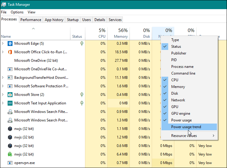 Dodajte stupac monitora napajanja Windows 10 1809