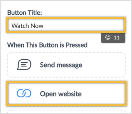 Upišite naslov gumba i odaberite opciju Otvori web stranicu.