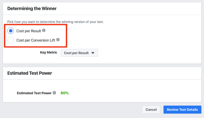 Utvrđivanje odjeljka Pobjednik A / B testa za Facebook eksperimente