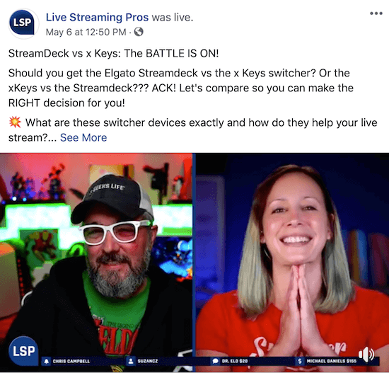snimka zaslona Facebook prijenosa uživo na Facebook stranici Live Streaming Pros