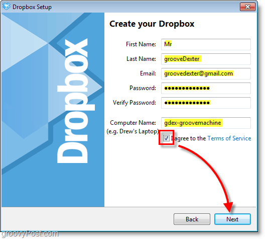 Snimka zaslona Dropbox - unesite podatke o vašem računu