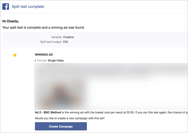 Primit ćete e-poruku nakon završetka vašeg Facebook split testa.