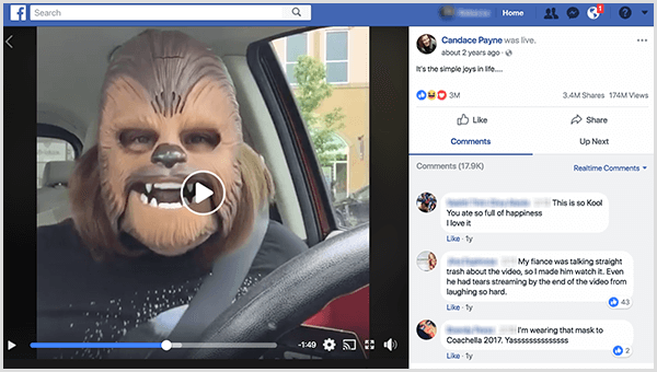 Candace Payne krenula je uživo na Facebooku u maski Chewbacca s Kohlovog parkirališta. U vrijeme kad je snimljena ova snimka zaslona, ​​njezin videozapis imao je 3,4 milijuna dijeljenja i 174 milijuna pregleda.
