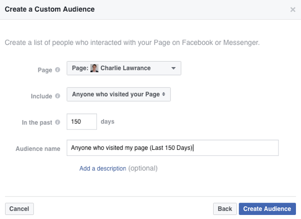 Da biste stvorili svoju prilagođenu publiku na Facebooku, na padajućem popisu Uključi odaberite Svatko tko je posjetio vašu stranicu.