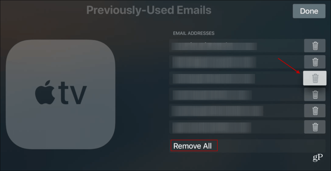 Brisanje prethodno korištenih poruka e-pošte Apple TV