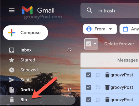 Otvaranje mape Trash (Bin) u Gmailu