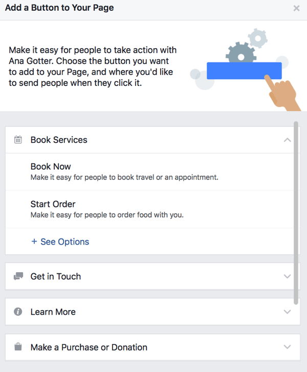 Možete birati između velikog broja CTA gumba za svoju Facebook stranicu.