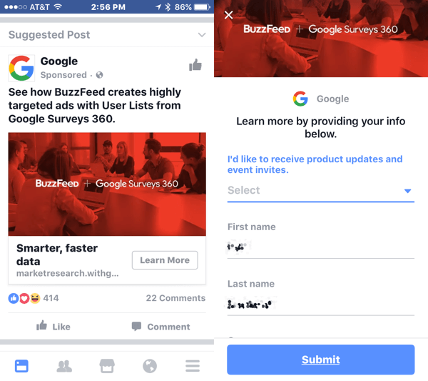 Kada korisnici kliknu na vodeći oglas, Facebook automatski popunjava njihove podatke u obrazac kako bi olakšao postupak prijave.