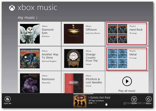 Popis za reprodukciju prikazan na Xbox Music
