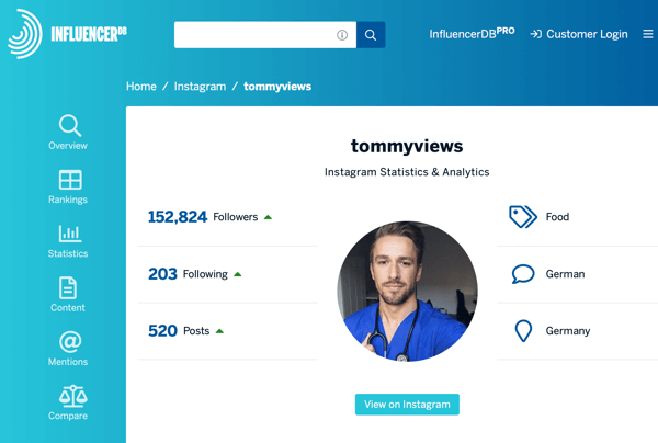 Kako regrutovati plaćene socijalne utjecaje, primjer profila InfluencerDB za tommyviews