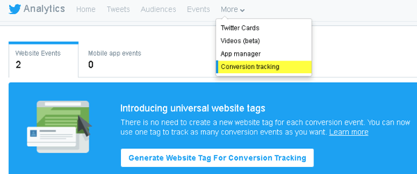 Twitter vam omogućuje dodavanje koda na vaše web mjesto za praćenje konverzija i stvaranje prilagođene publike.