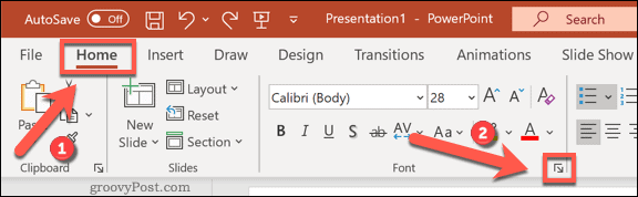 Pristup izborniku s mogućnostima fontova u programu PowerPoint u sustavu Windows
