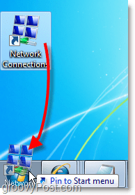 povucite prečac s radne površine u izbornik Start za mrežne veze u sustavu Windows 7 jednostavan pristup